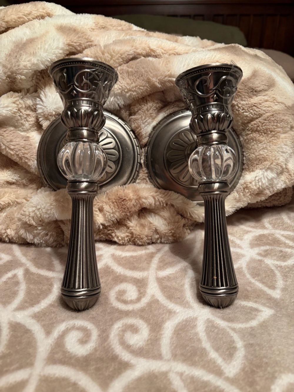 PartyLite Silver-Tone Wall Candle Sconces with Clear Glass Accents - Pair